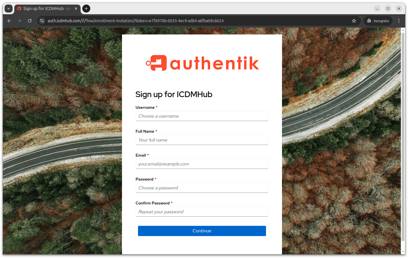 Sign up for ICDMHub registration form with username, full name, email, password, and confirm password fields